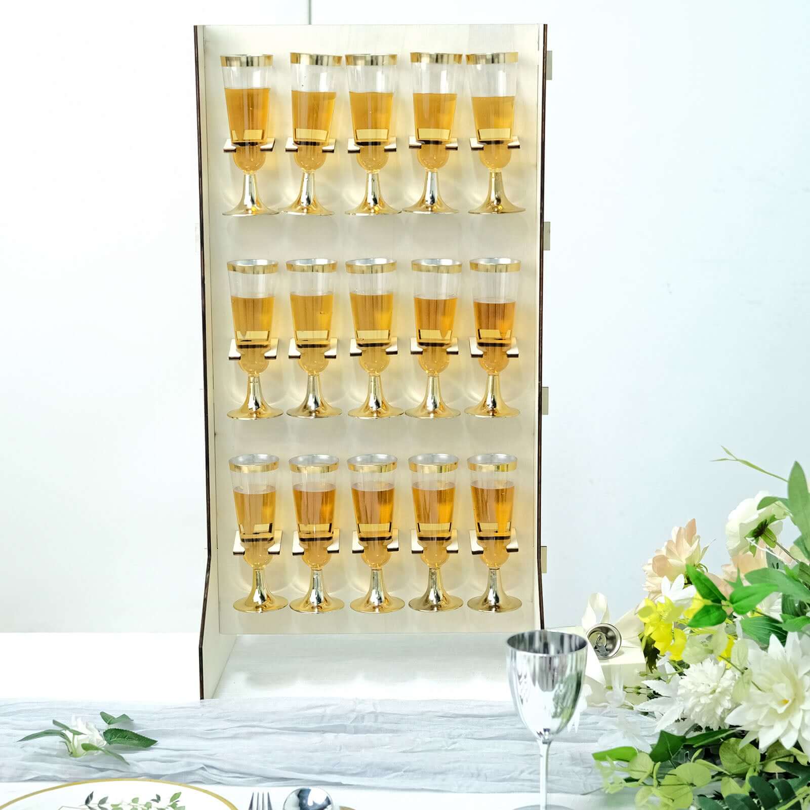 3-Tier Wooden Rectangle Champagne Wall Glass Holder in White - Floor Standing 15 Stemware Rack Cocktail Display Drink Organizer for Rustic Events & Banquets