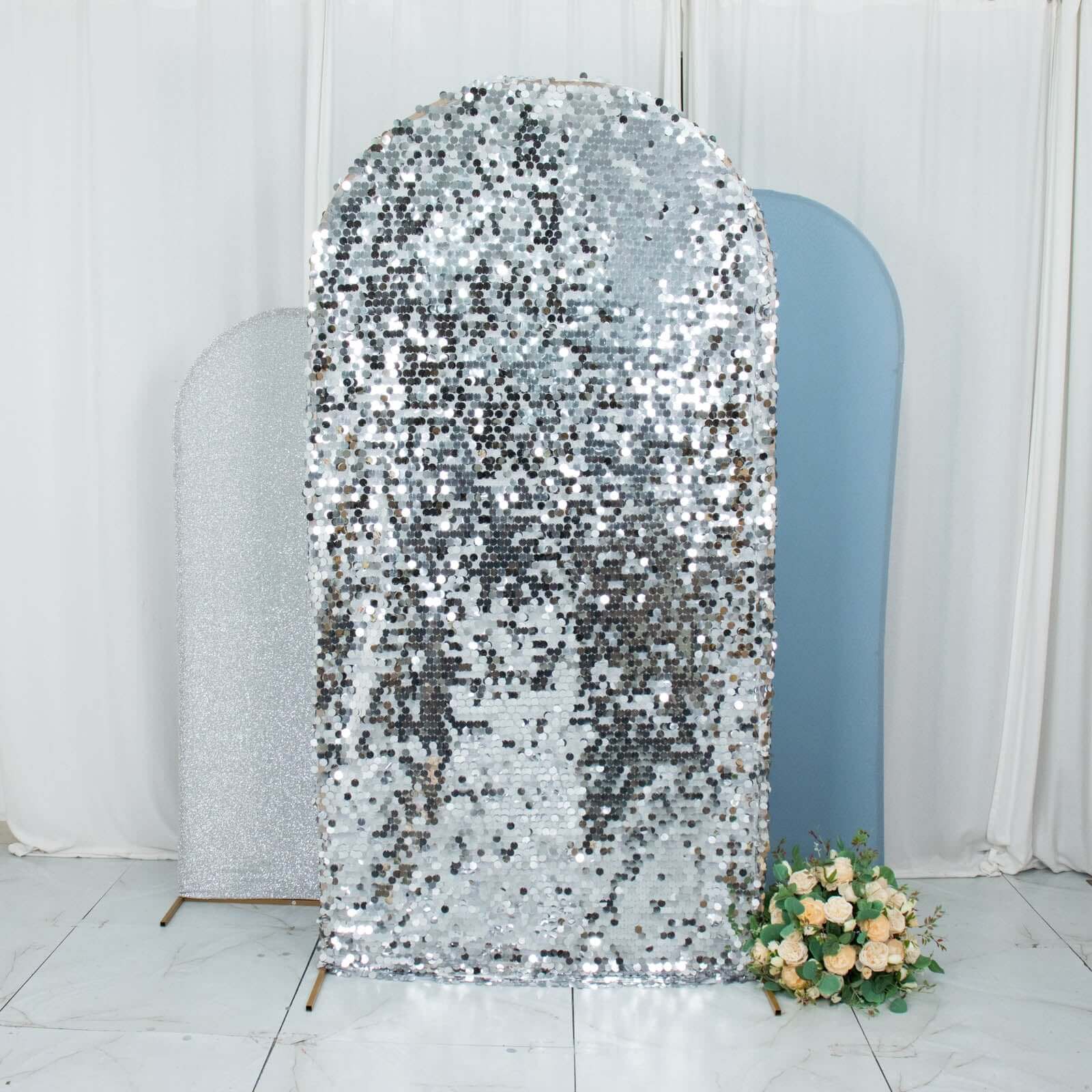 Set of 3 Dusty Blue Silver Round Top Fit Wedding Arch Frame Covers, Big Payette Sequin, Shimmer Tinsel and Matte Spandex Backdrop Stand Covers