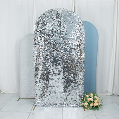 Set of 3 Dusty Blue Silver Round Top Fit Wedding Arch Frame Covers, Big Payette Sequin, Shimmer Tinsel and Matte Spandex Backdrop Stand Covers