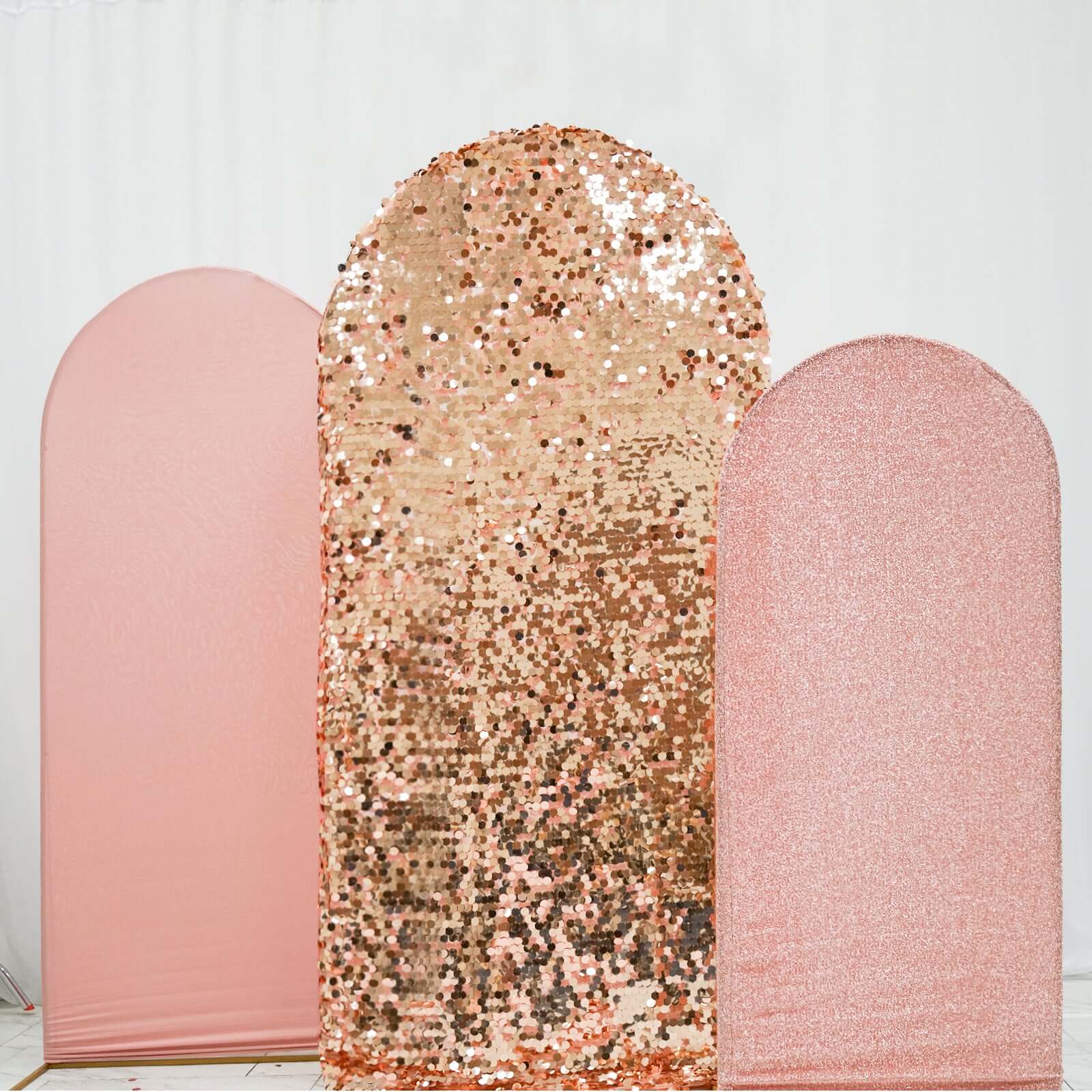Set of 3 Rose Gold Round Top Fitted Wedding Arch Frame Covers, Big Payette Sequin, Shimmer Tinsel and Matte Spandex Backdrop Stand Covers