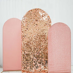 Set of 3 Rose Gold Round Top Fitted Wedding Arch Frame Covers, Big Payette Sequin, Shimmer Tinsel and Matte Spandex Backdrop Stand Covers