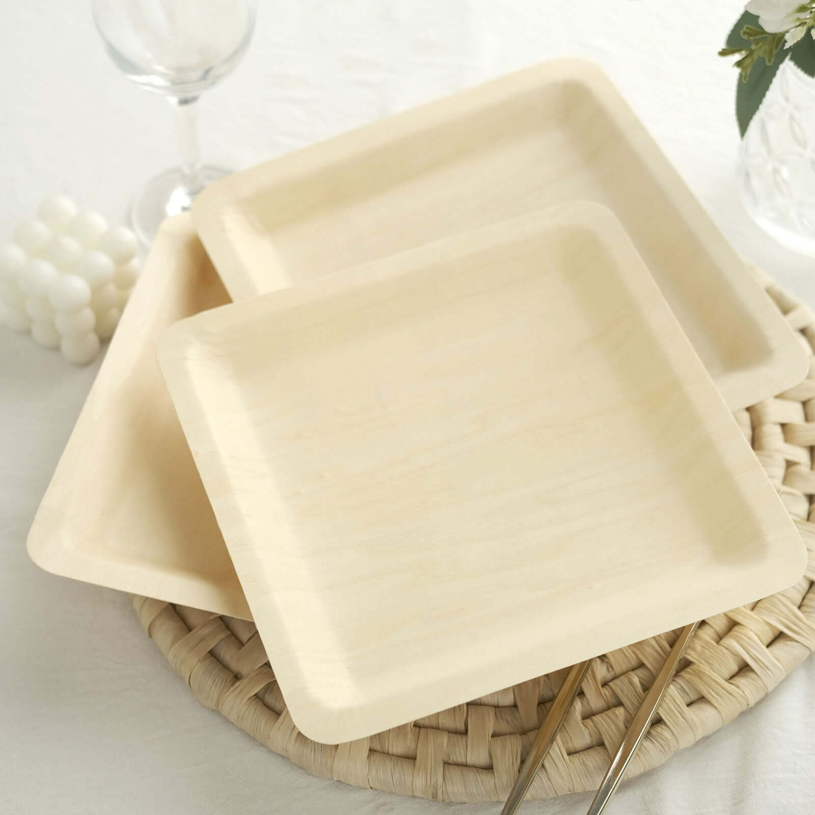25-Pack Poplar Wood 9" Square Dinner Plates - Natural Eco Friendly Wooden Disposable Plates for Farmhouse-Style Events, Parties & Gatherings