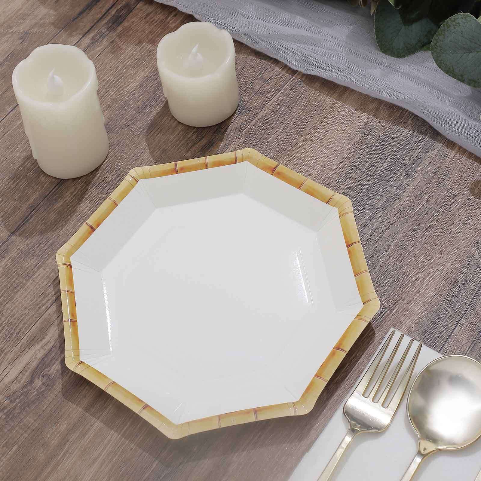 25-Pack Paper Octagonal Dessert Plates 7" White with Bamboo Print Rim - Disposable Geometric Appetizer Salad Plates for Garden Parties & Tropical Themed Events