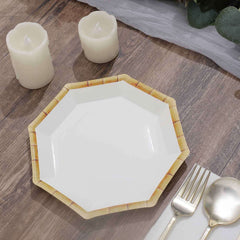25-Pack Paper Octagonal Dessert Plates 7" White with Bamboo Print Rim - Disposable Geometric Appetizer Salad Plates for Garden Parties & Tropical Themed Events