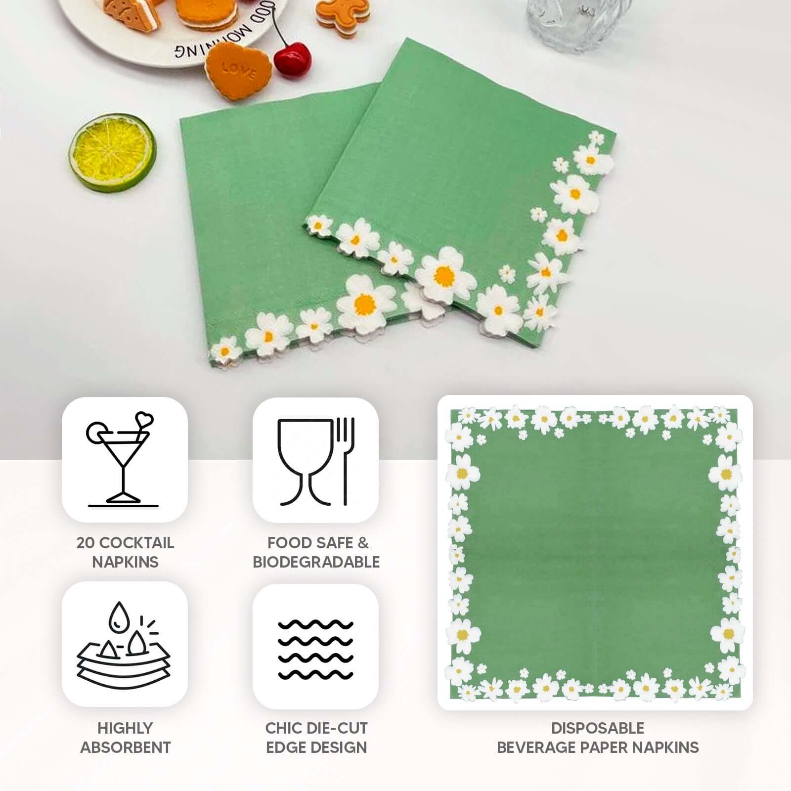 50-Pack Paper Beverage Napkins with Daisy Flower Design Sage Green - 2 Ply Soft 18GSM Floral Wedding Napkins 6.5"x6.5"
