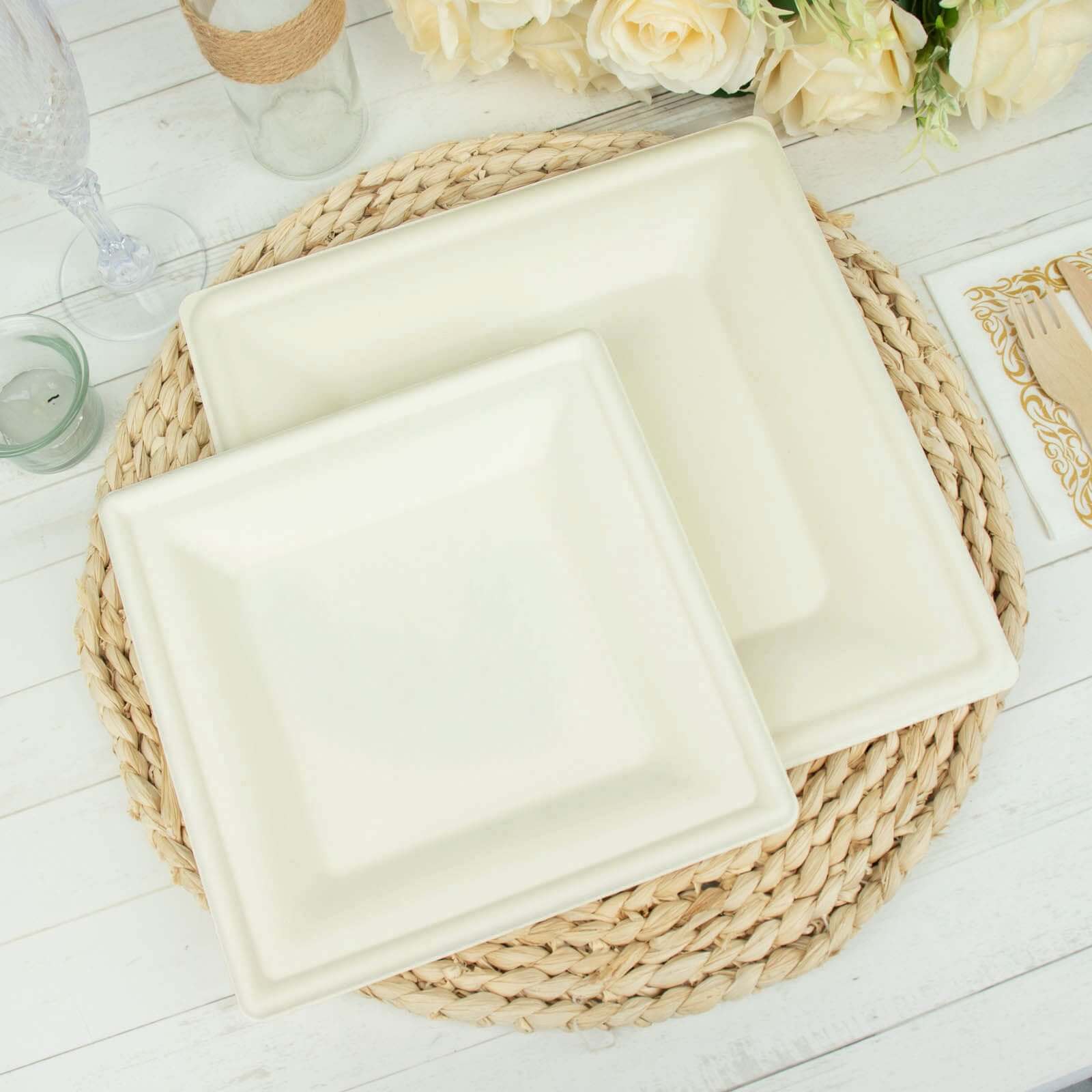 50-Pack Bagasse 8" Square Dessert Plates White with Wide Rim - Eco Friendly Sugarcane Appetizer/Salad Plates for Parties & Events
