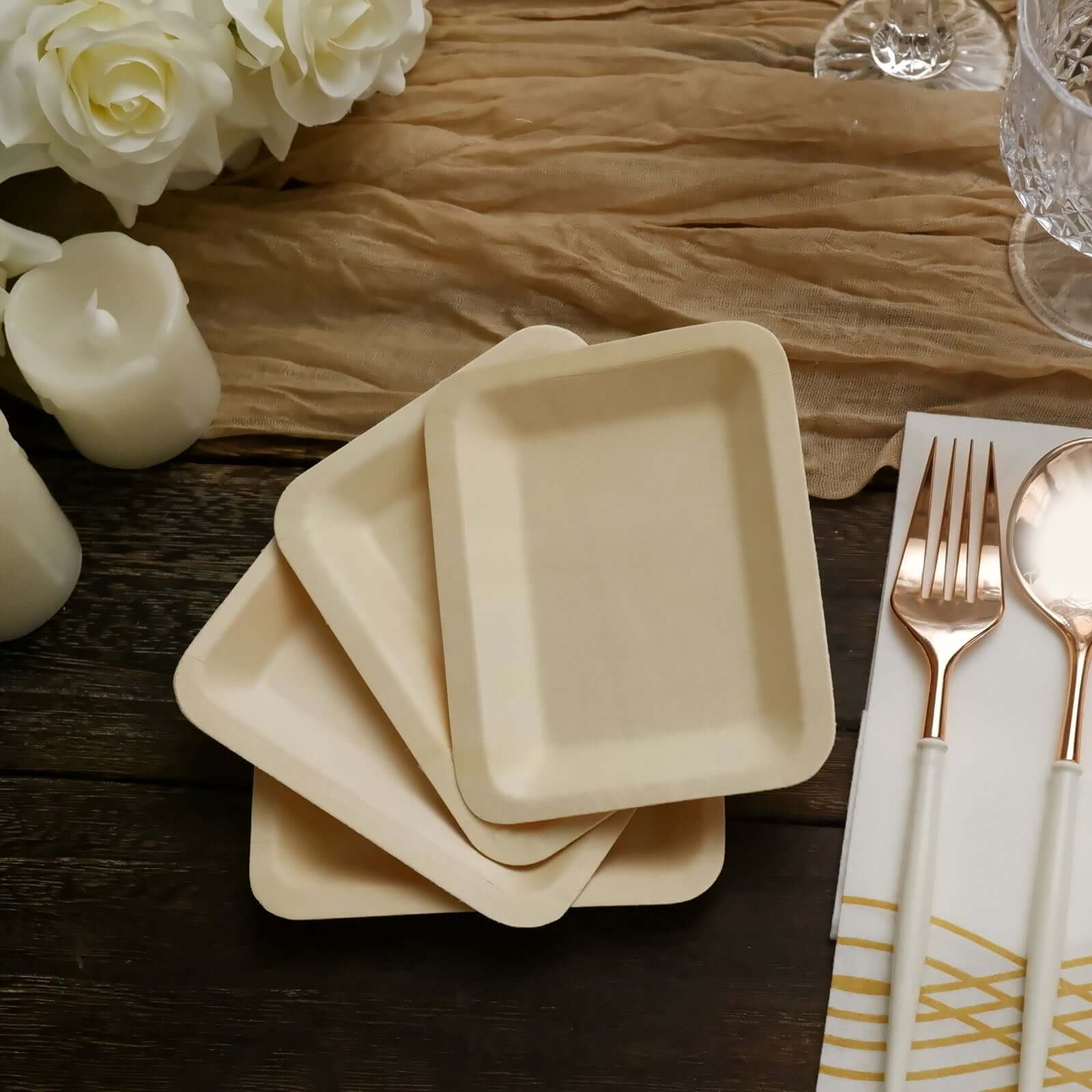 25-Pack Birchwood 4"x5" Rectangle Dessert Plates - Natural Eco Friendly Wooden Disposable Plates for Farmhouse-Style Events, Parties & Gatherings