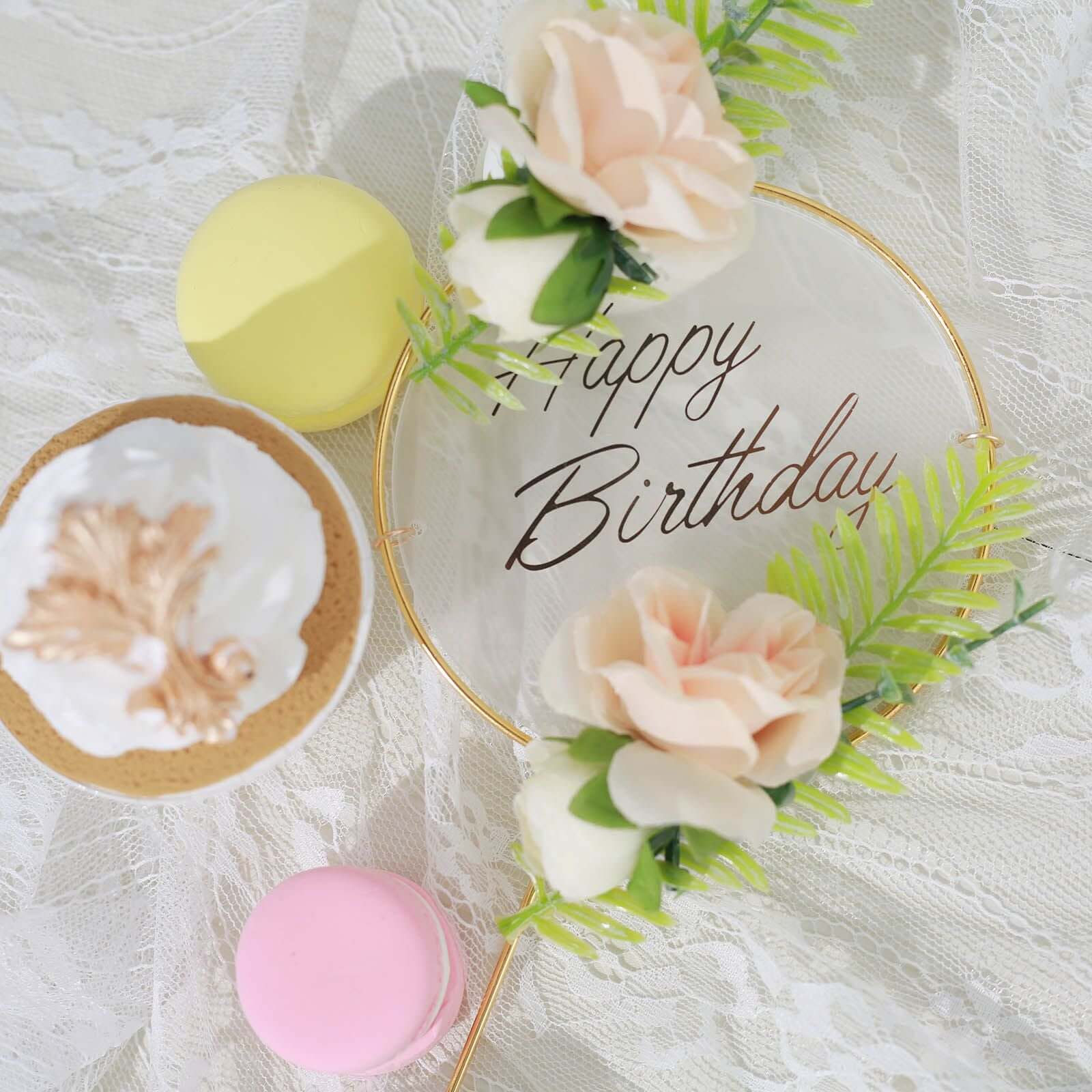 3 Pcs Happy Birthday Cake Toppers with Gold Metal Frames & Clear Acrylic Panels - Charming Reusable Cake Decorations with Stylish Silk Flower Accents