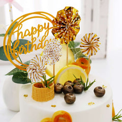 6 Pcs Happy Birthday Cake Topper Gold/White - Fun Cake Decoration with 4 Mini Paper Fans & Confetti Balloon for Themed Parties & Special Occasions