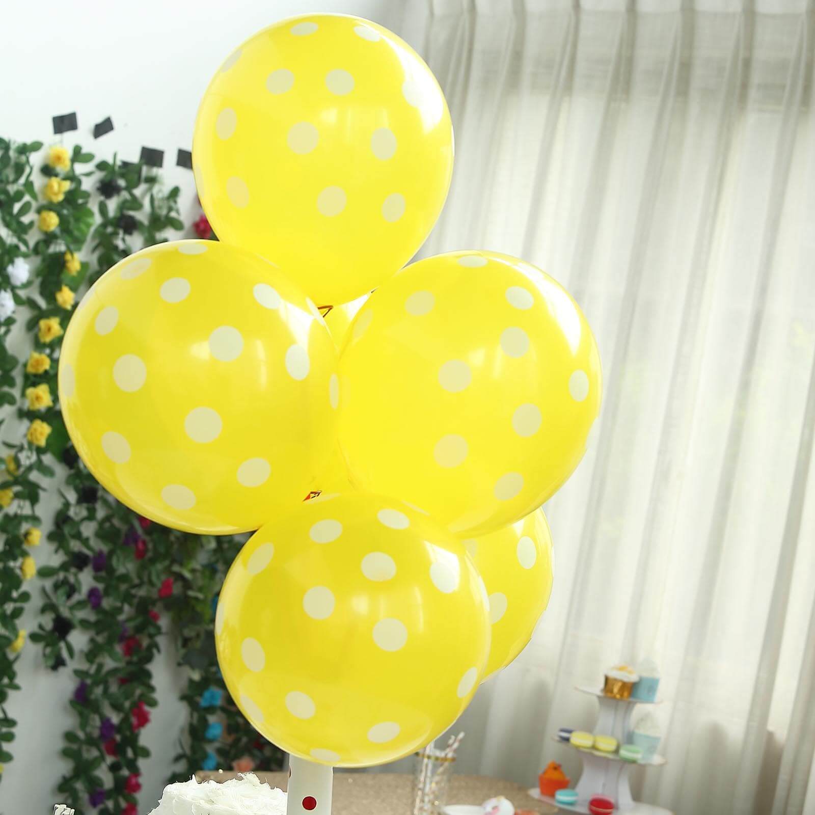 25 Pack 12" Yellow and White Fun Polka Dot Latex Party Balloons