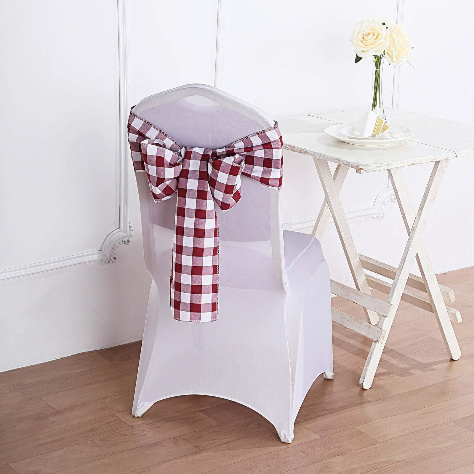 5 Pack Polyester Chair Sashes Burgundy/White Buffalo Plaid - Durable & Reusable Chair Bows 6"x108"
