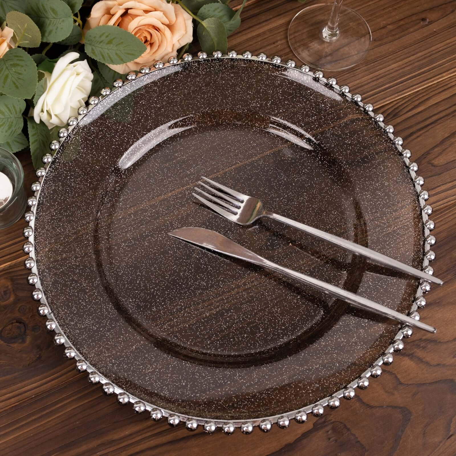 6-Pack Acrylic Round Charger Plates 13" in Transparent Black Silver Glittered with Beaded Rim, Decorative Dinner Party Charger Tableware