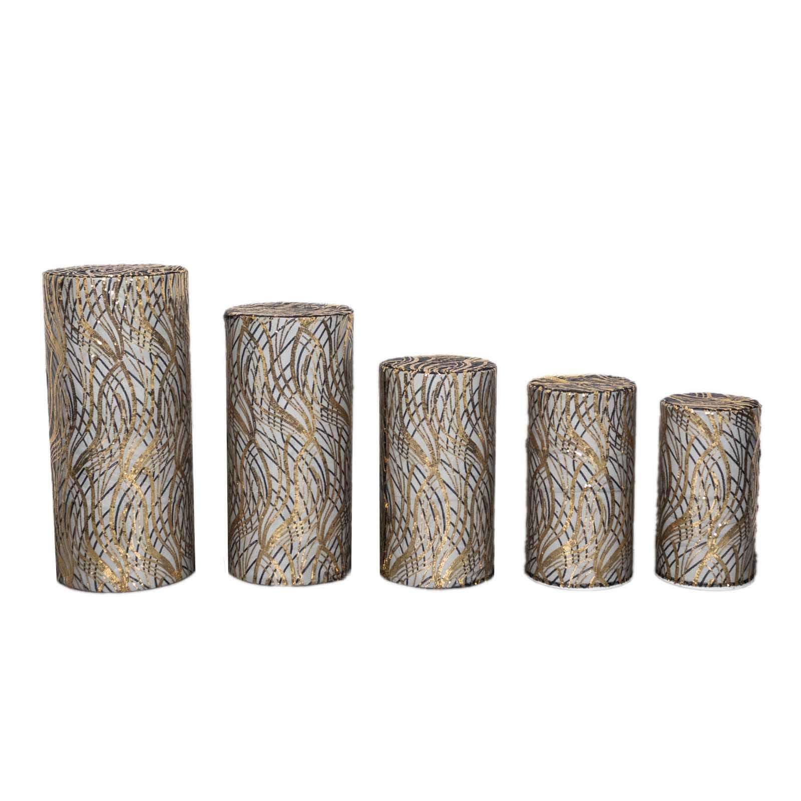 Set of 5 Black Wave Mesh Cylinder Pedestal Stand Covers with Embroidered Sequins, Pillar Prop Covers - 160 GSM