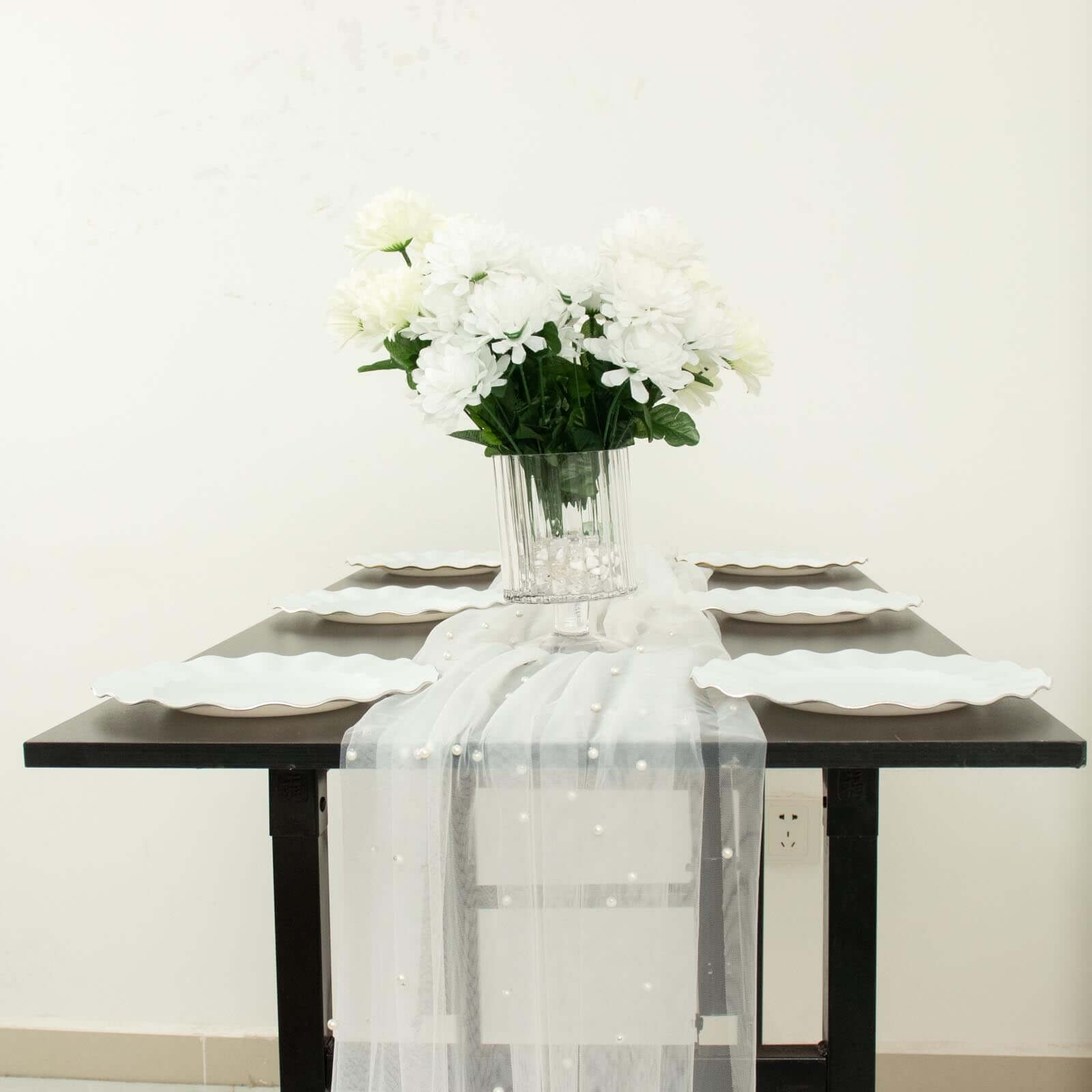 Sheer Tulle 48"x120" Table Runner White Pearl Embellished - Stylish Wedding & Event Table Linen