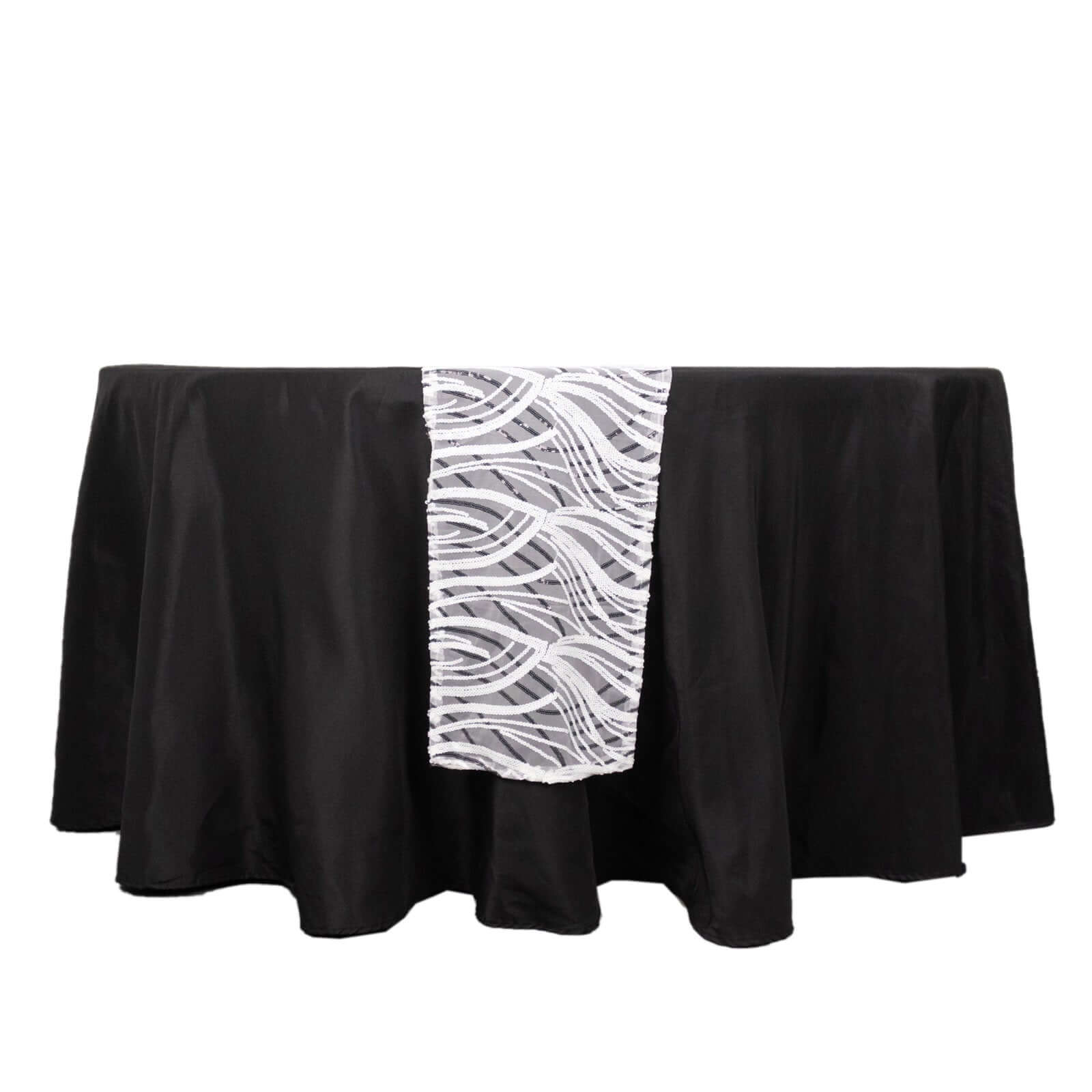 Sequin Mesh 12"x108" Table Runner White Black Stylish Wave Embroidery