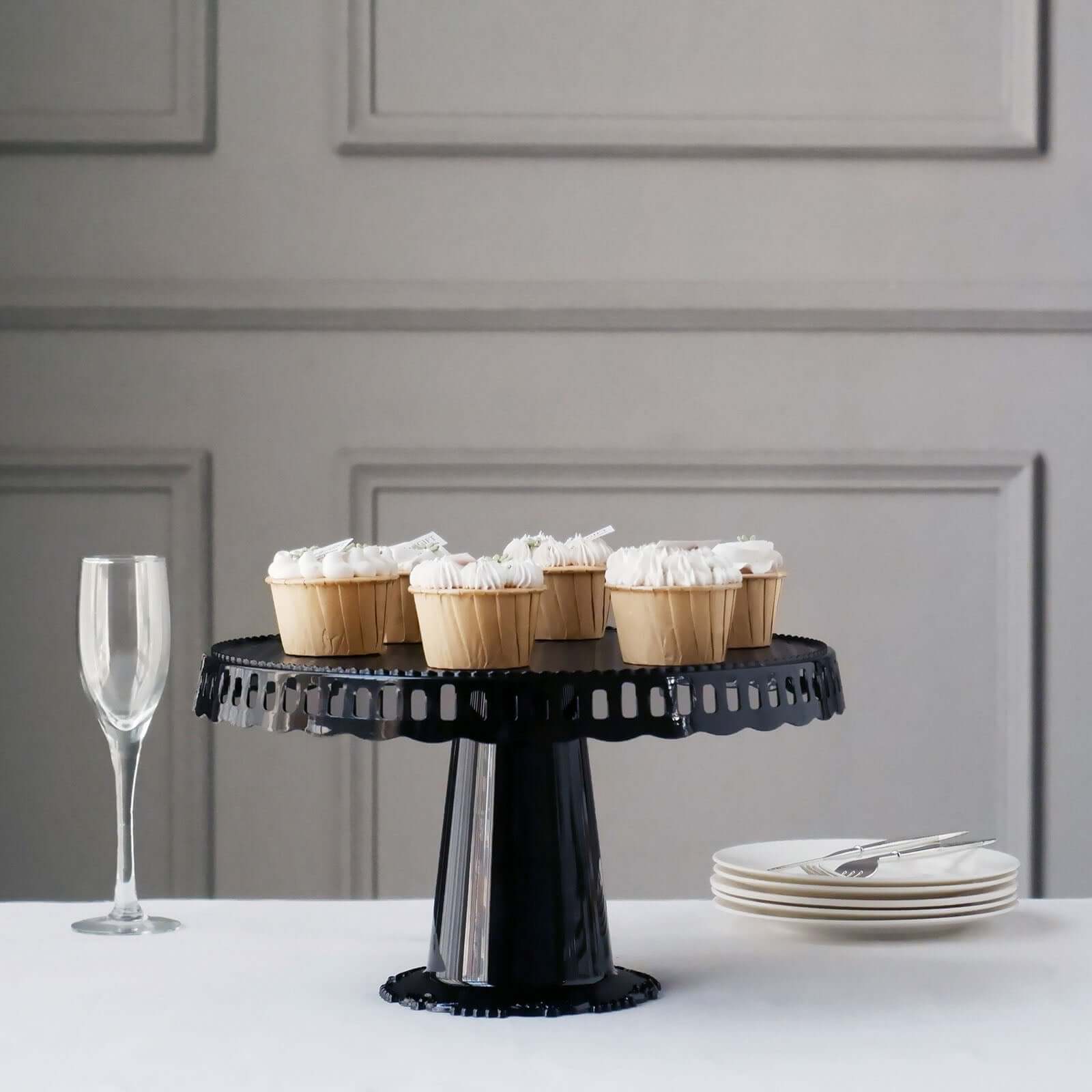 4-Pack Plastic Round Pedestal Cake Stands Black - Reusable Cupcake Pastry Display Risers with Hollow Ribbon Trim Edges for Stylish Dessert Presentation 13"