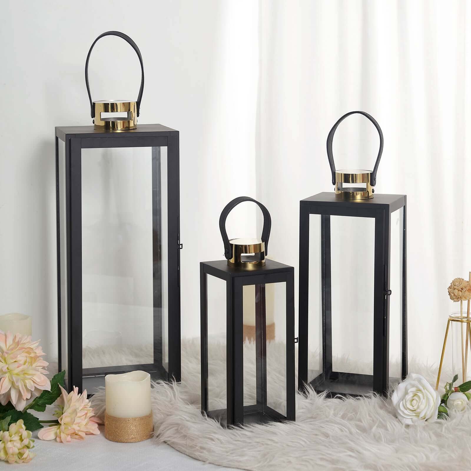 14" Black and Gold Top Stainless Steel Candle Lantern Centerpiece Outdoor Metal Patio Lantern