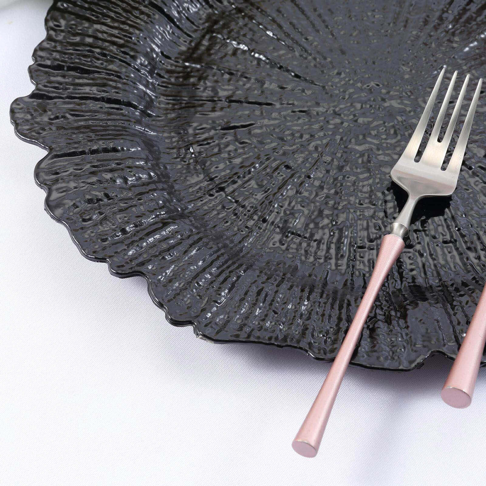 6-Pack Acrylic Plastic Round Charger Plates 13" in Black with Reef Design, Dinner Charger Tableware