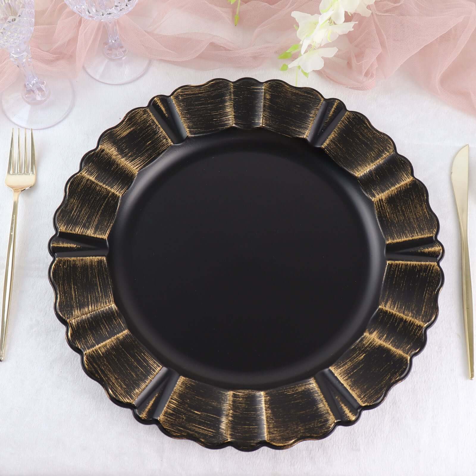6-Pack Acrylic Plastic Round Charger Plates 13" in Matte Black with Gold Brushed Wavy Scalloped Rim, Decorative Dinner Party Charger Tableware