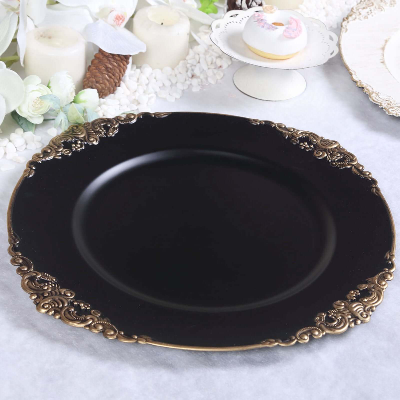 6-Pack Acrylic Round Charger Plates 13" in Matte Black with Gold Embossed Baroque Rim, Antique Decorative Dinner Party Charger Tableware