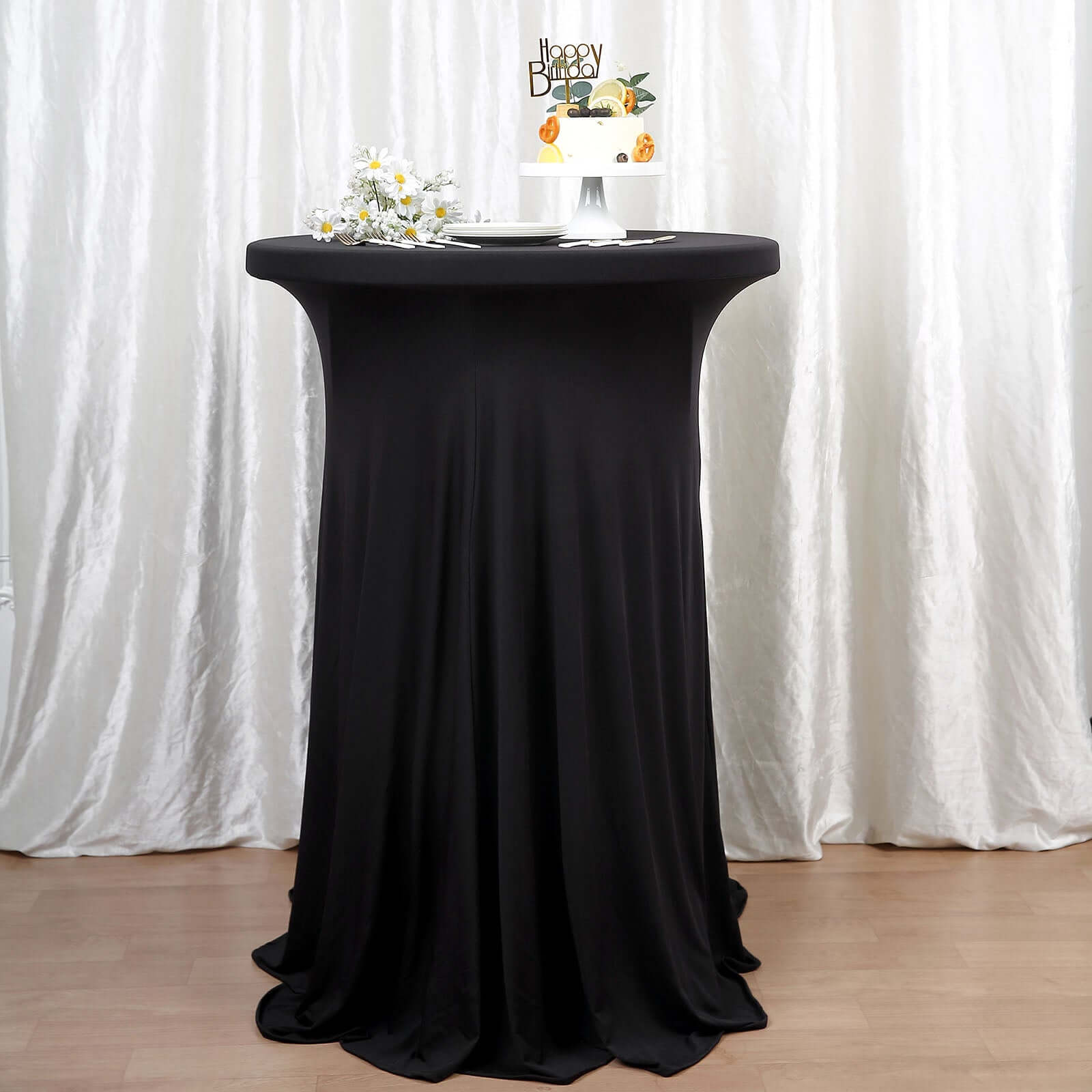 Spandex 32" Round Cocktail Table Cover Skirt Black With Natural Wavy Drapes