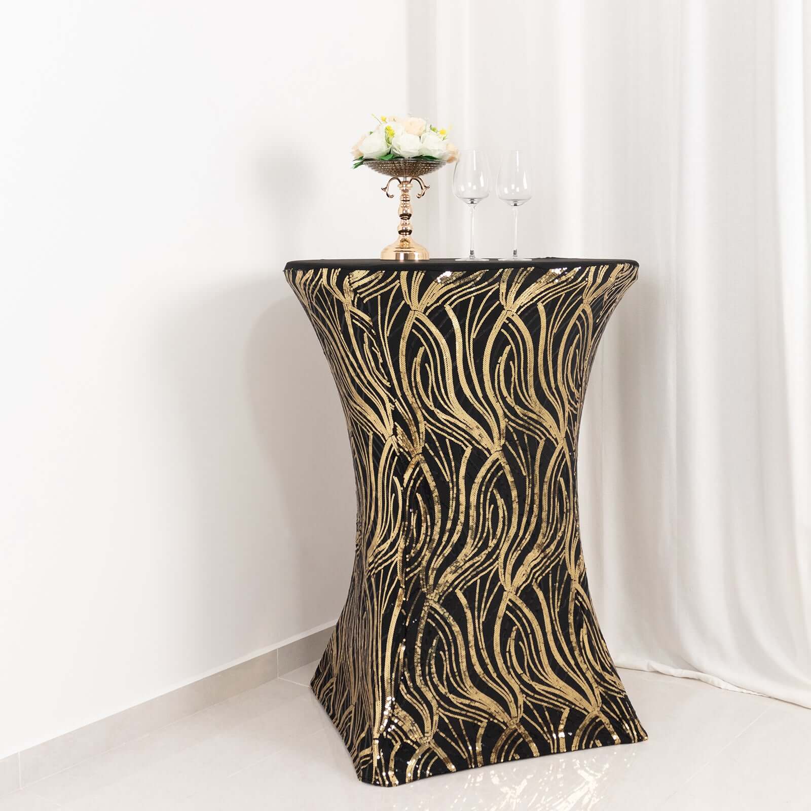 Spandex 32" Round Cocktail Table Cover Black/Gold with Wave Embroidered Sequins - Glamorous Design for Upscale Events