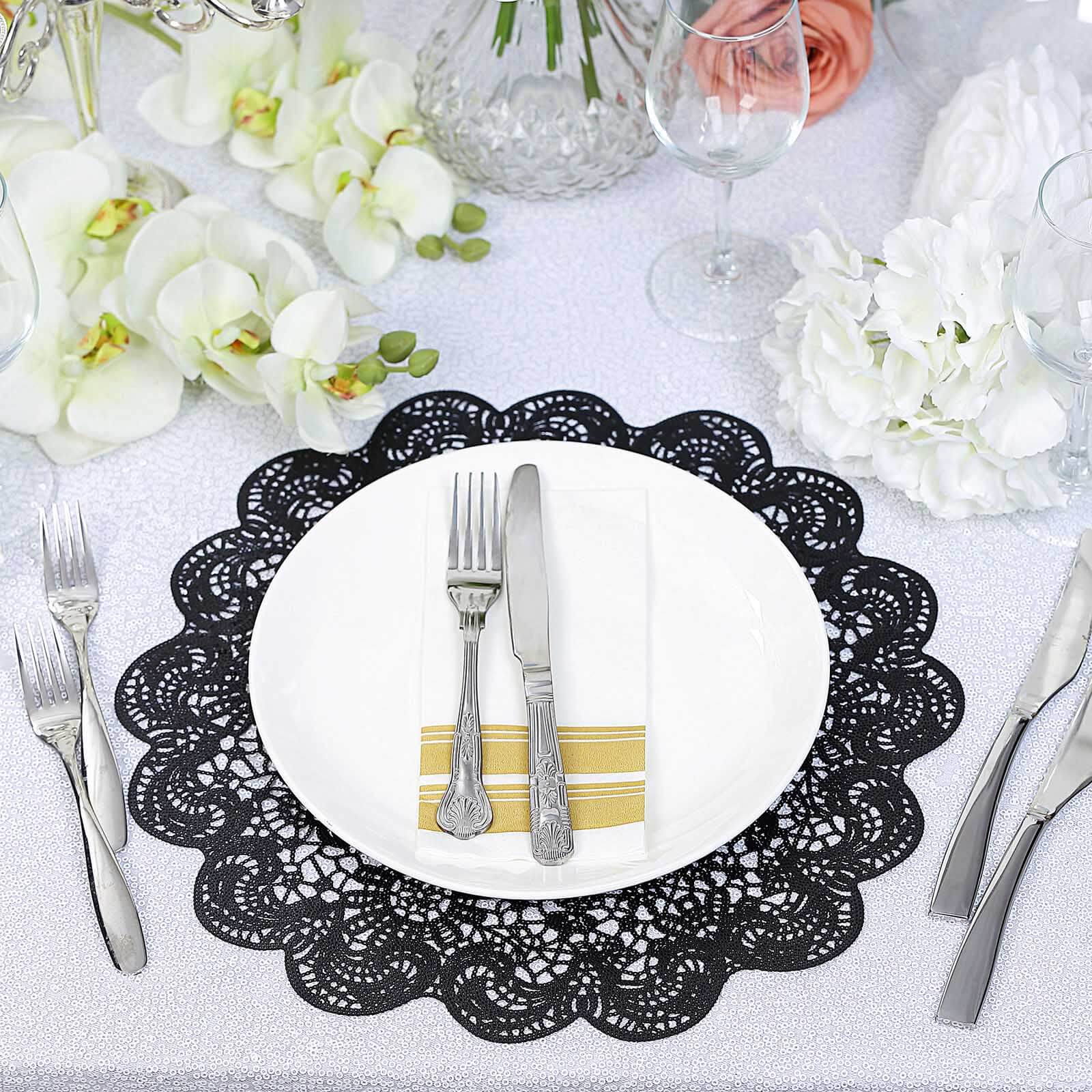 6-Pack Dining Table Mats Floral Lace Design Black - Vinyl Non-Slip Surface with Vintage Appeal 15"