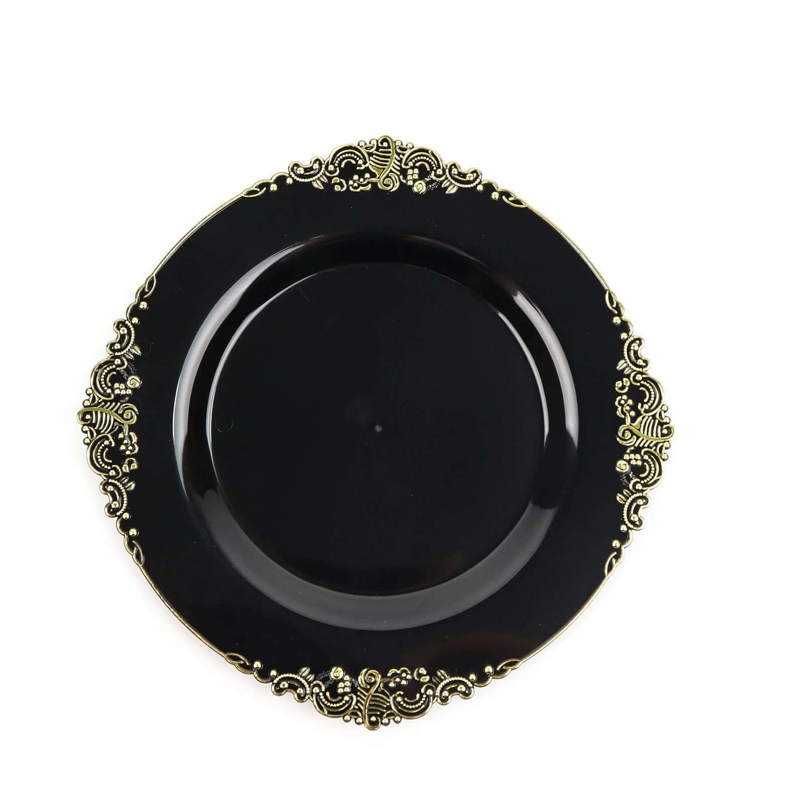 10-Pack Plastic 8" Round Dessert Plates in Black with Gold Leaf Embossed Rim - Disposable Vintage Baroque Style Salad Plates