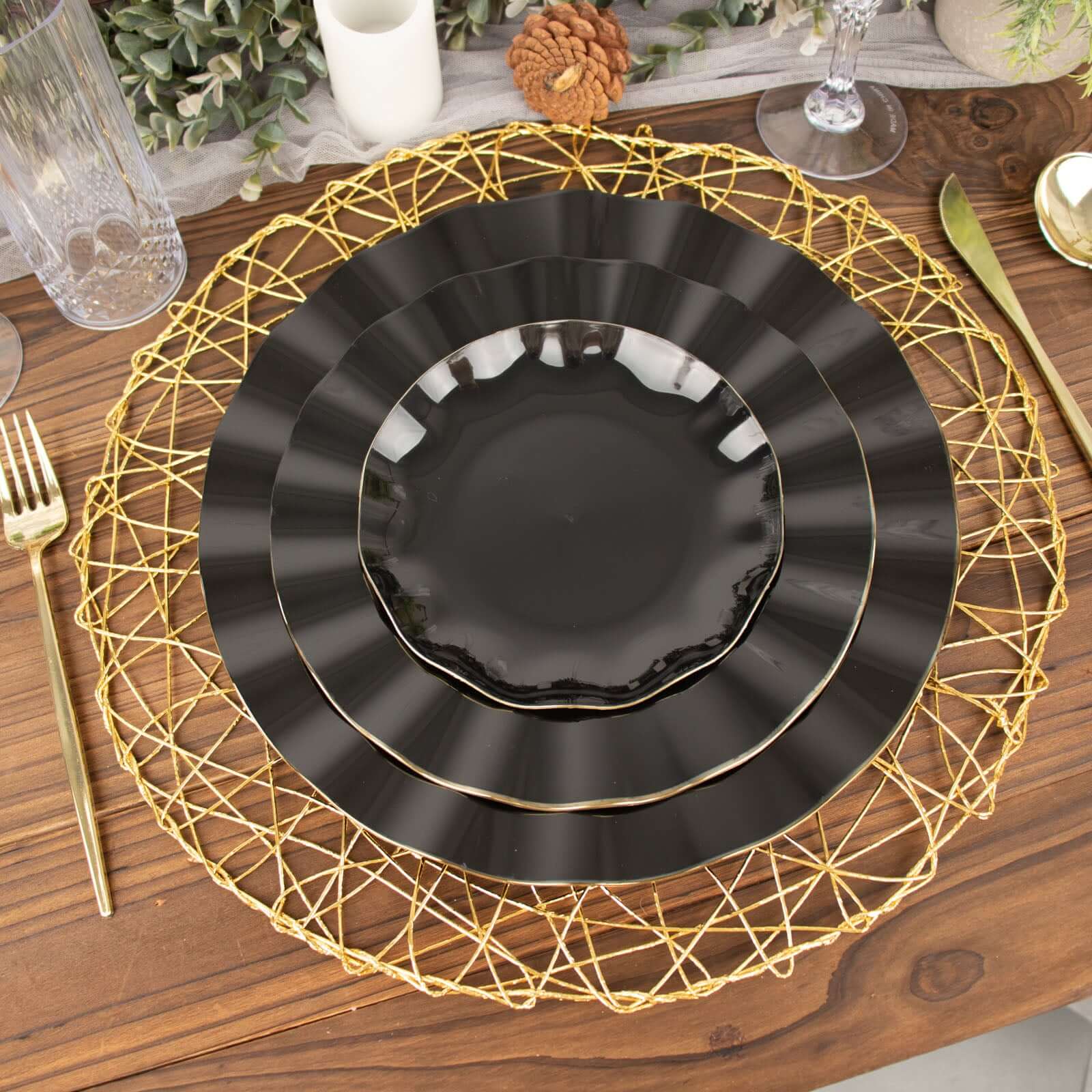 10-Pack Plastic 9" Round Dinner Plates in Black Ruffled Rim with Gold Edging - Sturdy Disposable Dinnerware