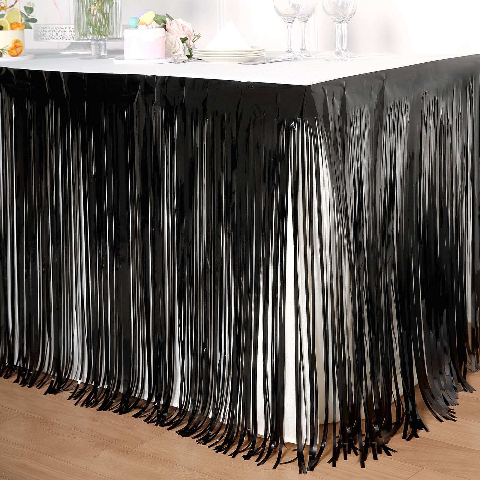 Metallic Foil Fringe Table Skirt Black with Self Adhesive Backing - Durable Tinsel Skirt for Parties 30"x9ft
