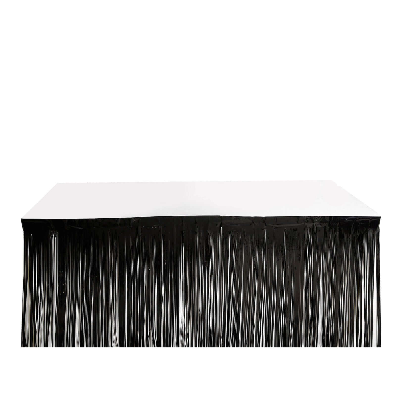 Metallic Foil Fringe Table Skirt Black with Self Adhesive Backing - Durable Tinsel Skirt for Parties 30"x9ft