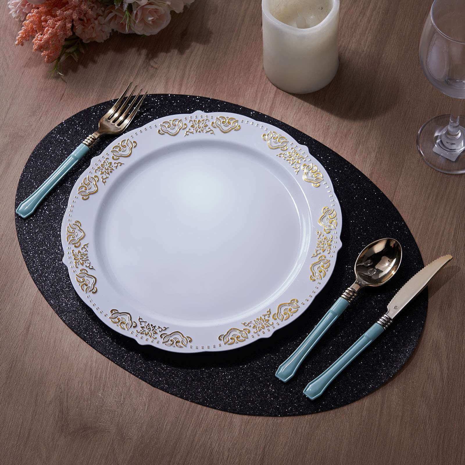 6-Pack Placemats Glitter Design Black Sparkle Oval - Non-Slip Decorative Table Mats for Dining 12"x18"