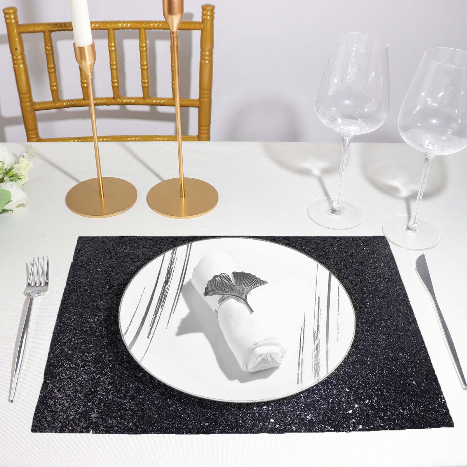 6-Pack Placemats Glitter Design Black Sparkle Rectangle - Non-Slip Decorative Dining Table Mats 12"x18"