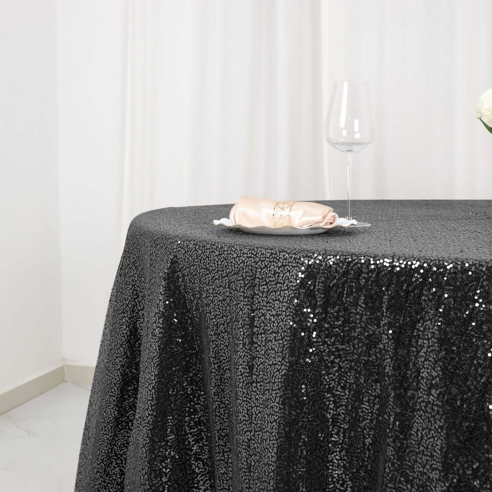 Sequin 120" Round Tablecloth Black - Seamless Glittering Table Cover