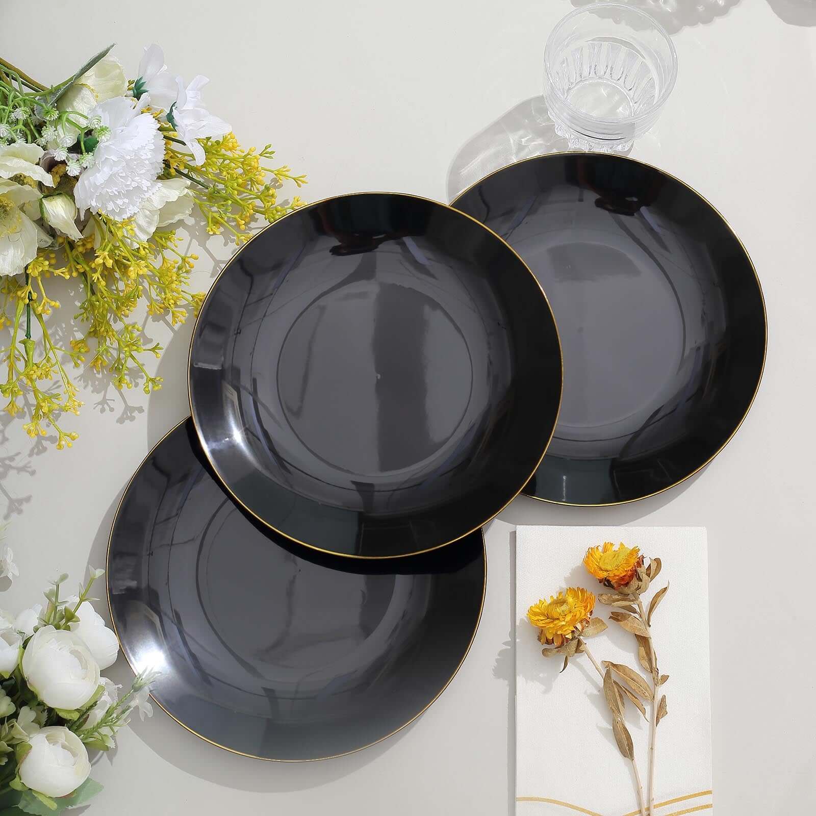 10-Pack Plastic 8" Round Dessert Plates in Black with Gold Rim - Glossy Disposable Appetizer Salad Plates