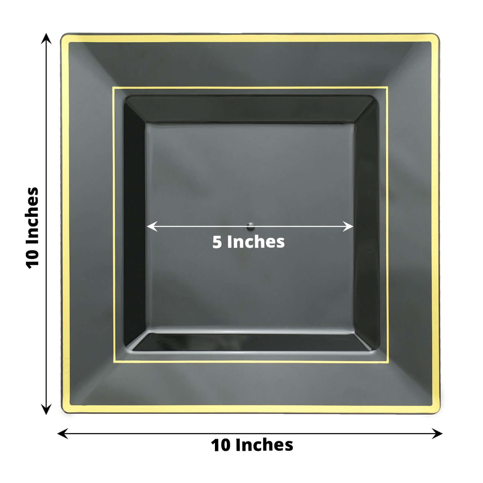 10-Pack Plastic Dinner Plates Black Square with Gold Trim - Lightweight Disposable Plates for Events 10"