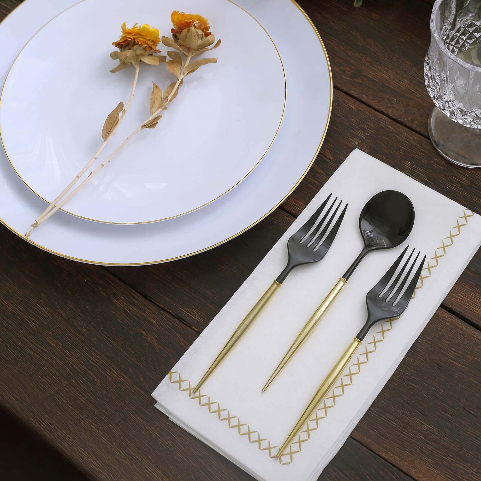 24-Pack Plastic Fork and Spoon Set Black/Gold - Heavy Duty Disposable Modern Utensils 6"