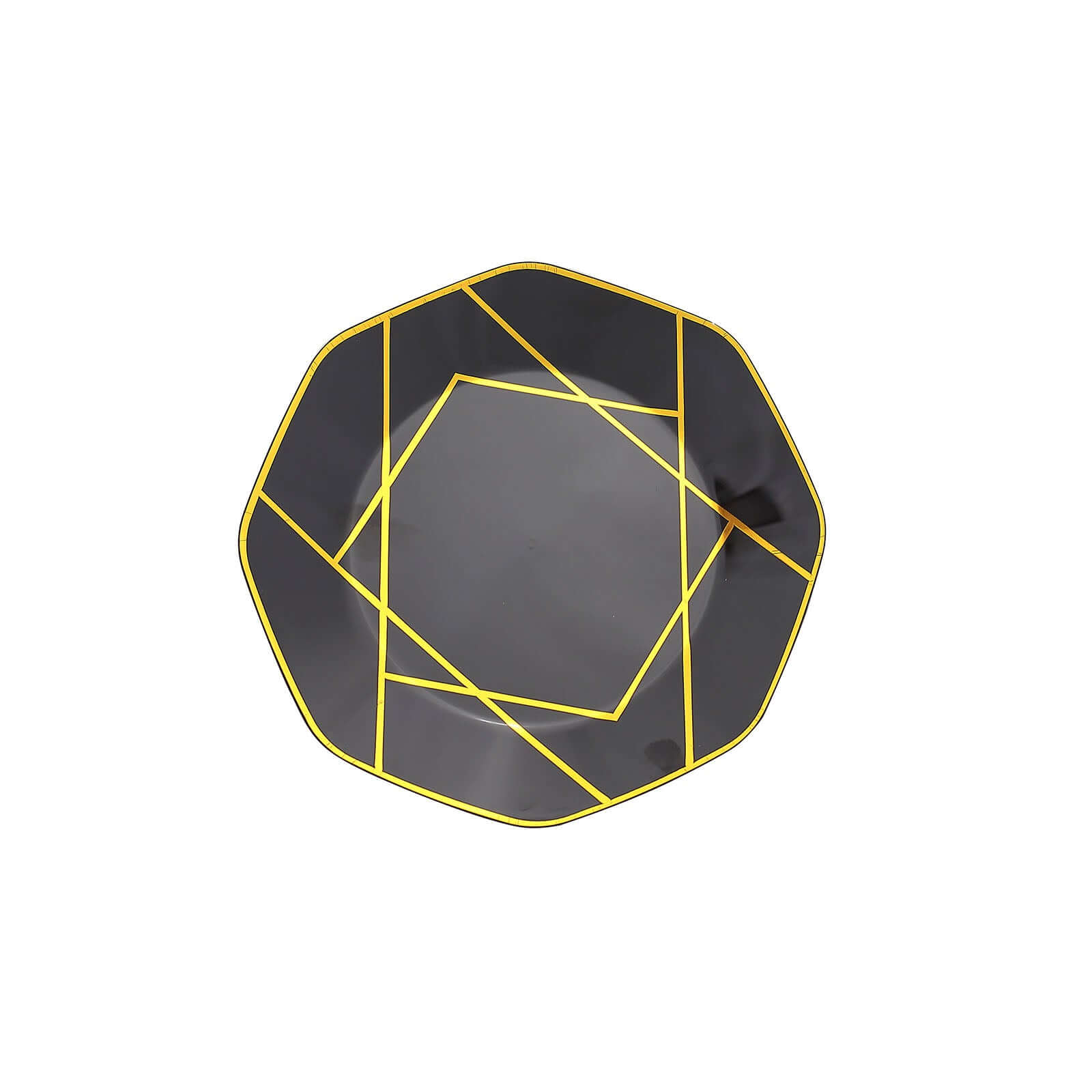 10-Pack Plastic 8" Octagon Dessert Plates in Black - Modern Disposable Salad/Appetizer Plates with Gold Geometric Design for Special Occasions & Celebrations