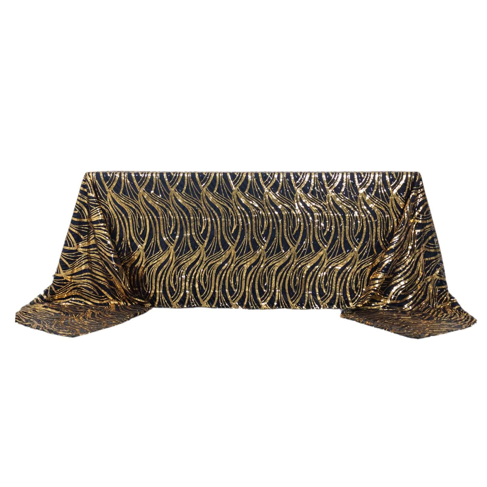 Mesh 90"x156" Rectangle Tablecloth Black/Gold - Wave Sequin Embroidered Table Cover