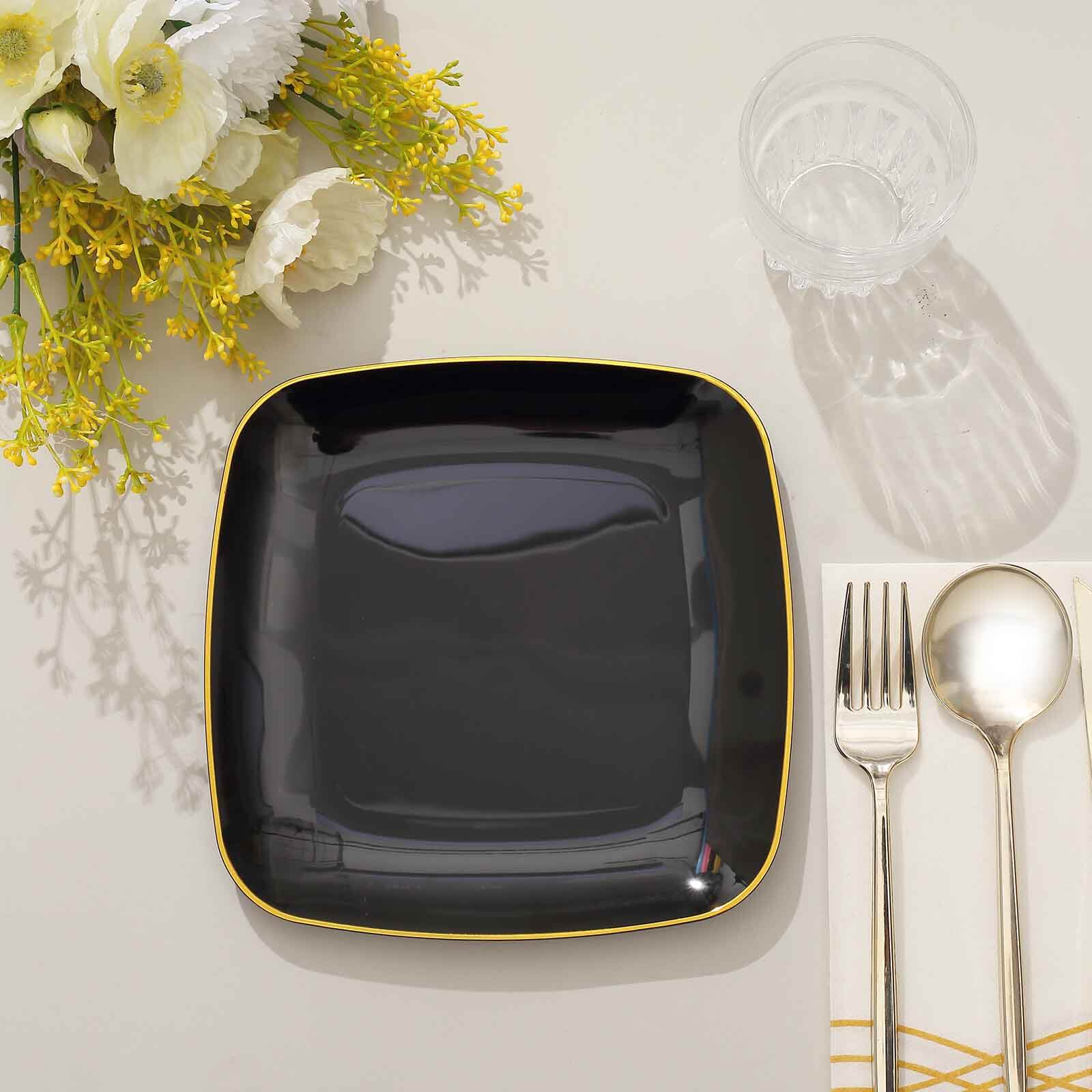 10-Pack Plastic 7" Square Dessert Plates in Black with Gold Rim - Classy Disposable Appetizer Salad Plates