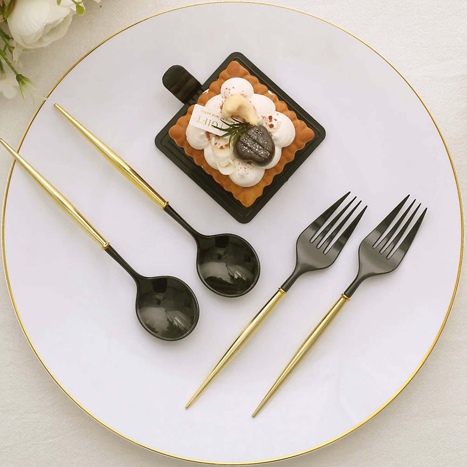 24-Pack Plastic Fork and Spoon Set Black/Gold - Heavy Duty Disposable Modern Utensils 6"