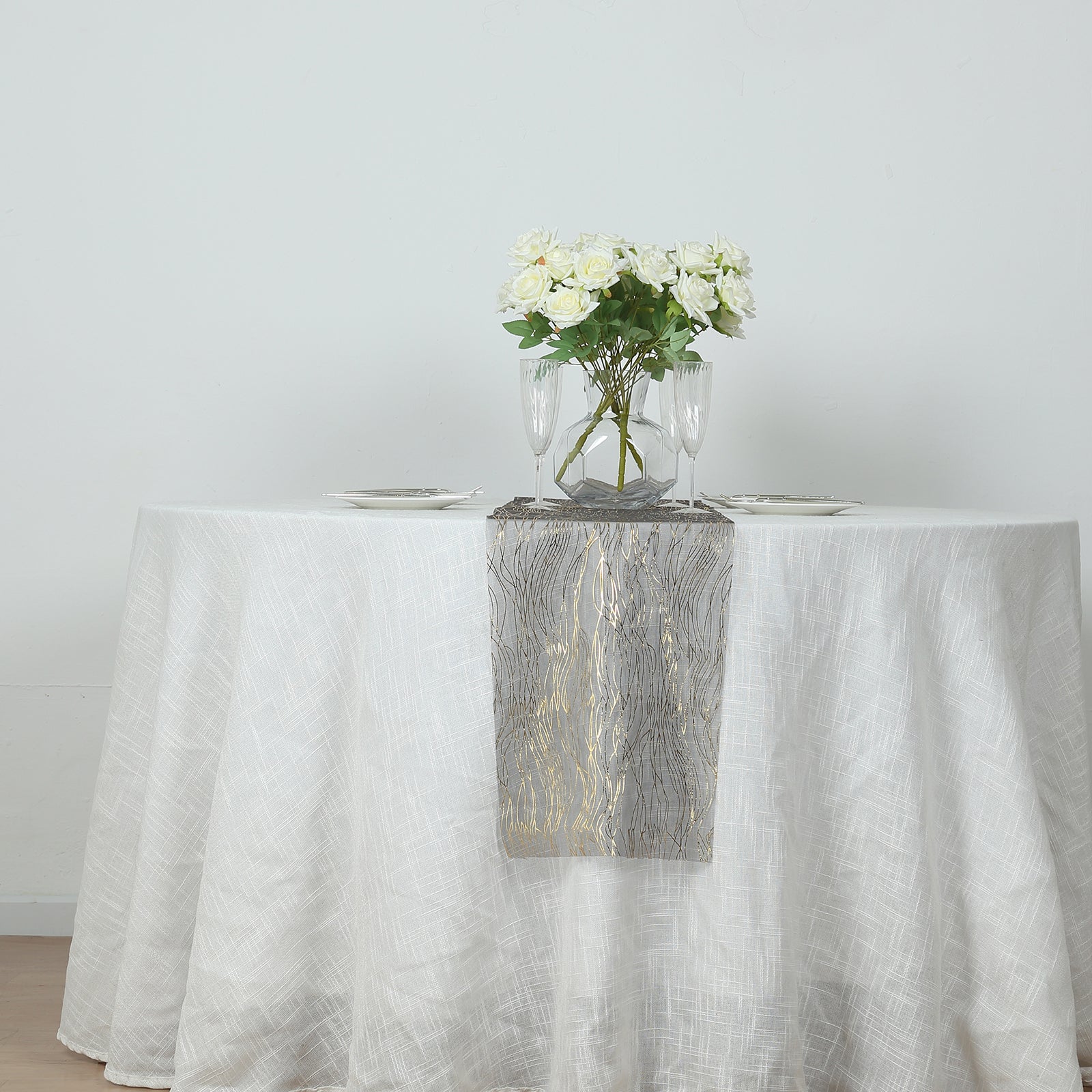 5 Pack Organza 12"x108" Table Runners Black - Gold Wave Design