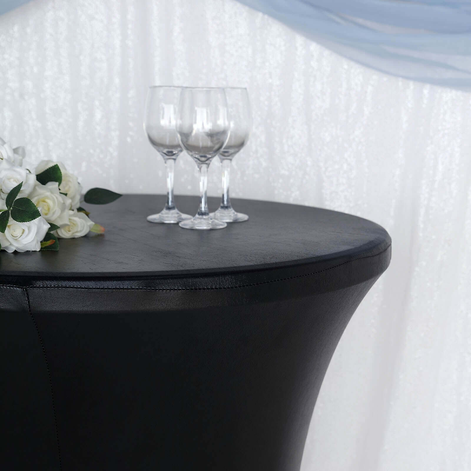 Metallic Spandex 32" Fitted Round Cocktail Table Cover Black Highboy Tablecloth - Stretch Fit & Water-Resistant
