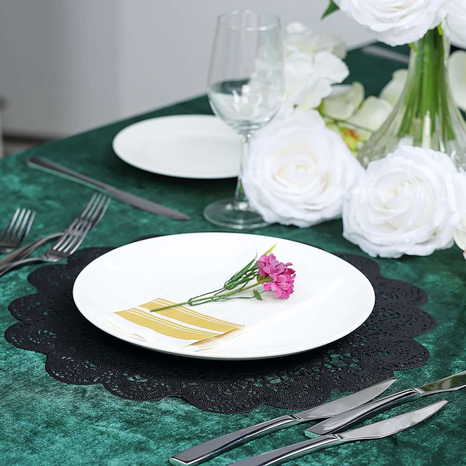 6-Pack Dining Table Mats Floral Lace Design Black - Vinyl Non-Slip Surface with Vintage Appeal 15"