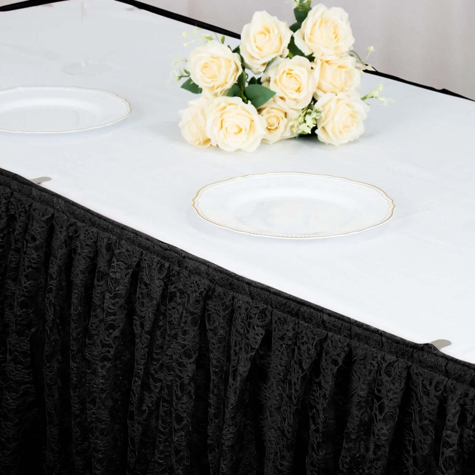 Lace 14ft Table Skirt Black Premium Pleated - Vintage Style for Parties