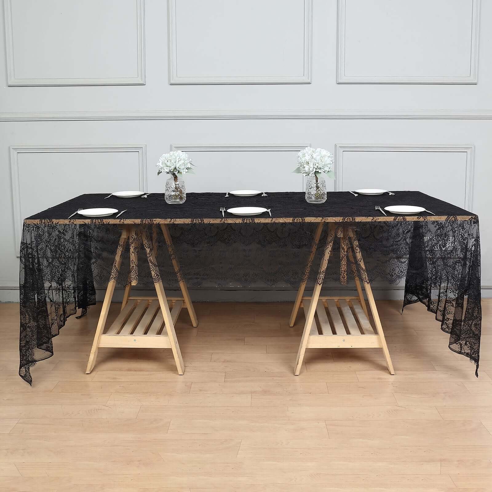 Lace 60"x120" Rectangle Tablecloth Black - Vintage Lace Design with Scalloped Frill Edges