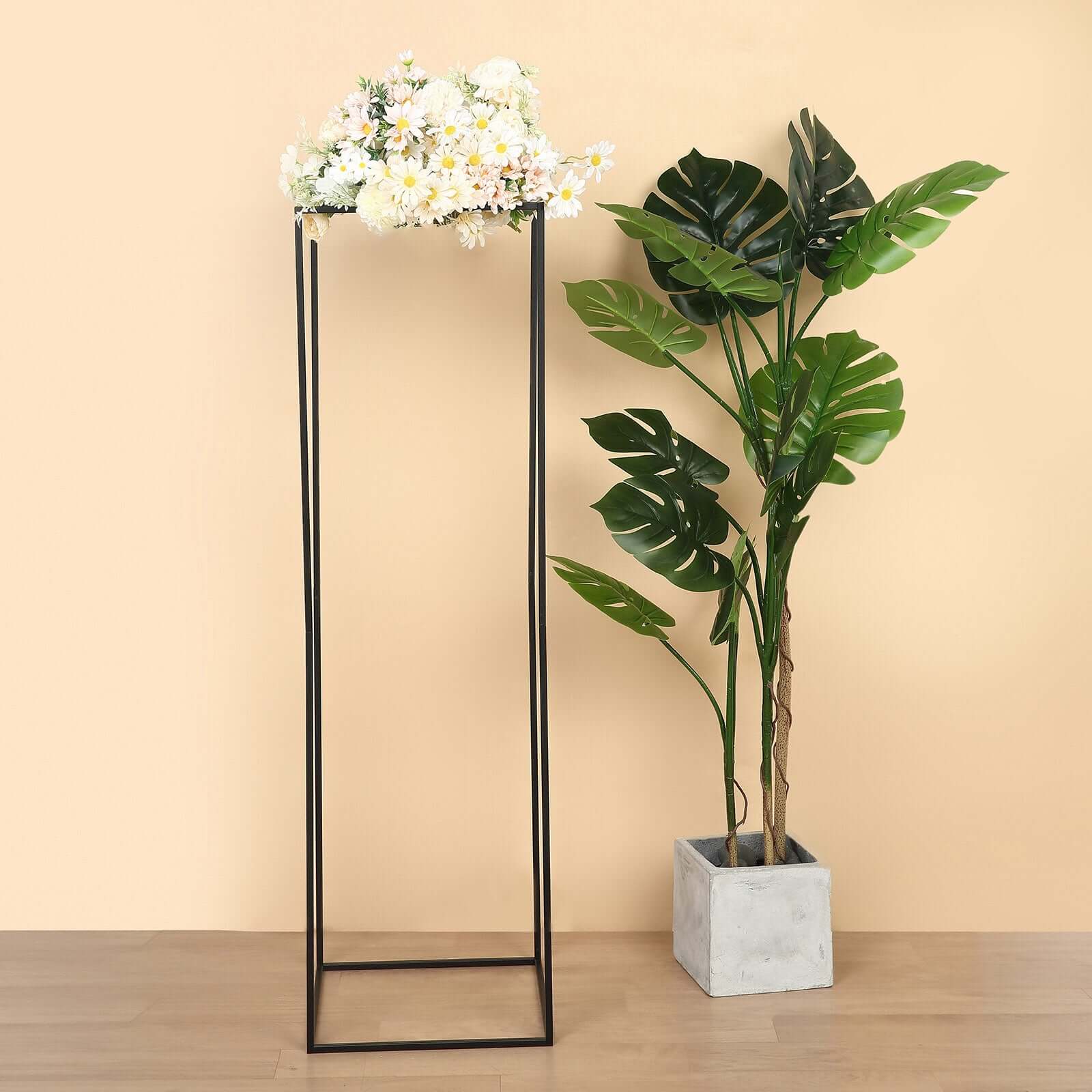 2-Pack Wedding Flower Stand Matte Black Metal Geometric Column Frame Rectangular - Versatile Floral Pedestal for Upscale Arrangements 48"