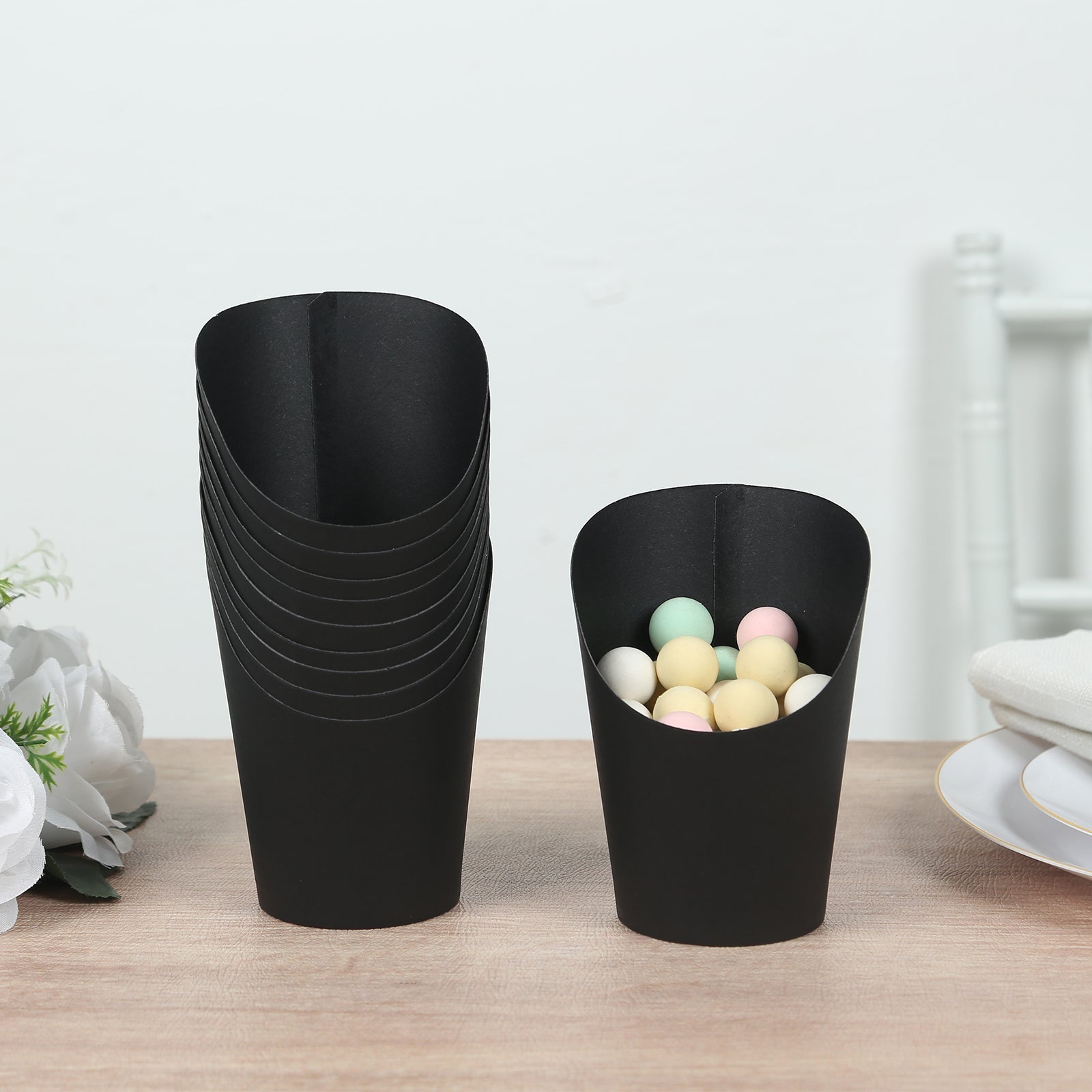 50-Pack Paper Popcorn Box Snack Cups Cone Design Black - Great for Appetizers 14oz