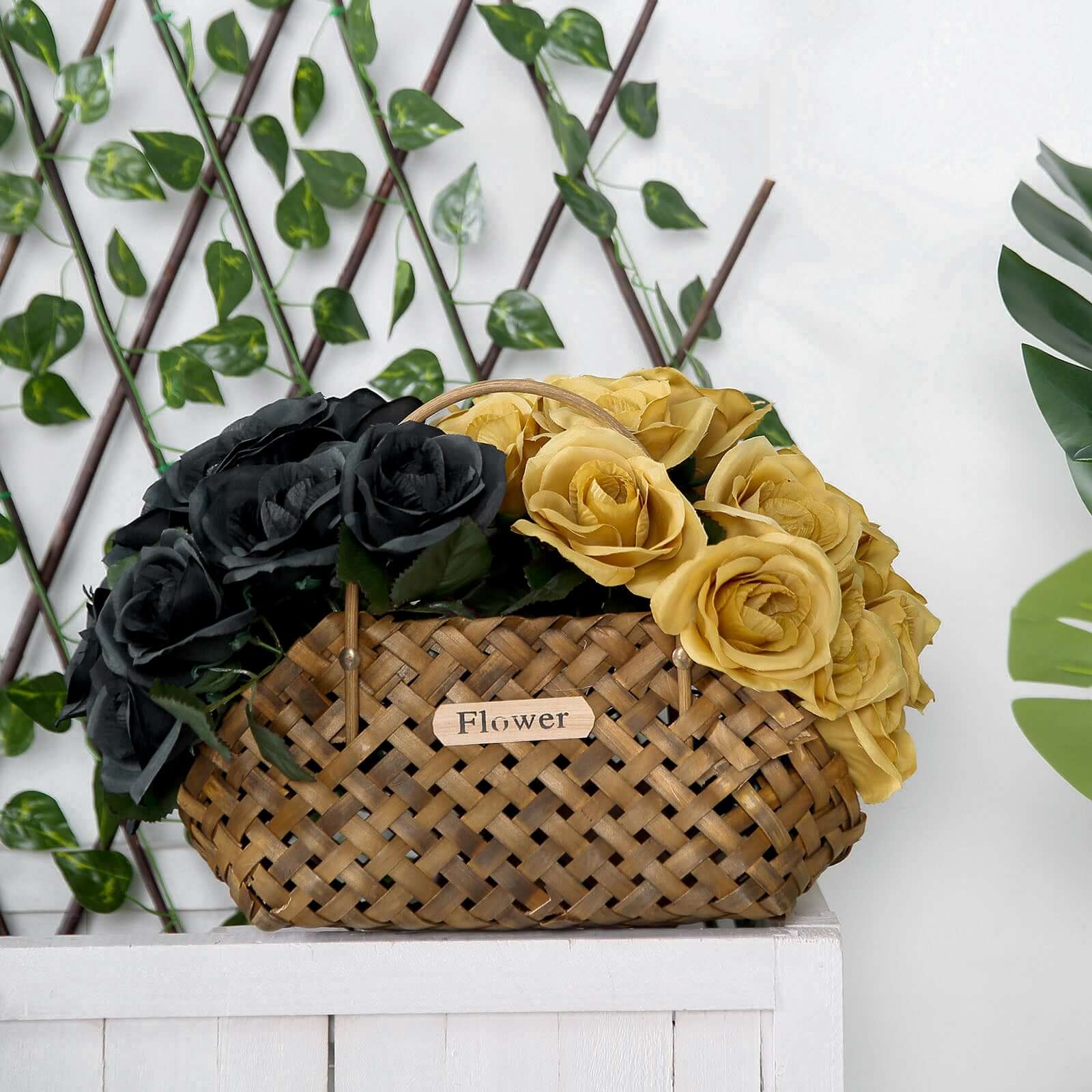 12" Black Artificial Velvet-Like Fabric Rose Flower Bouquet Bush