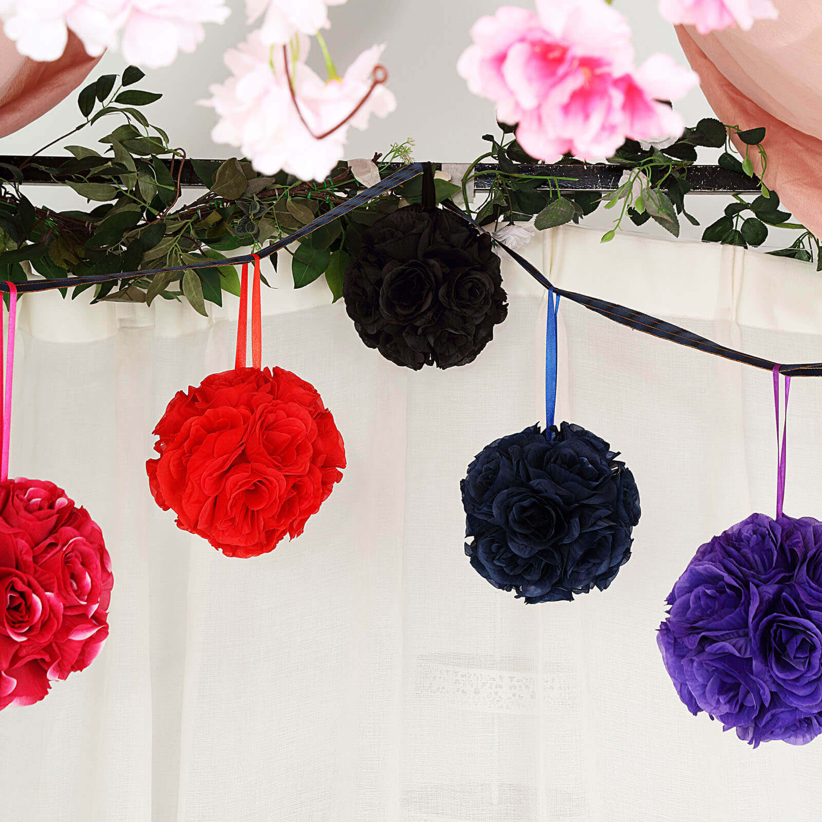 2 Pack 7" Black Artificial Silk Rose Kissing Ball, Faux Flower Ball